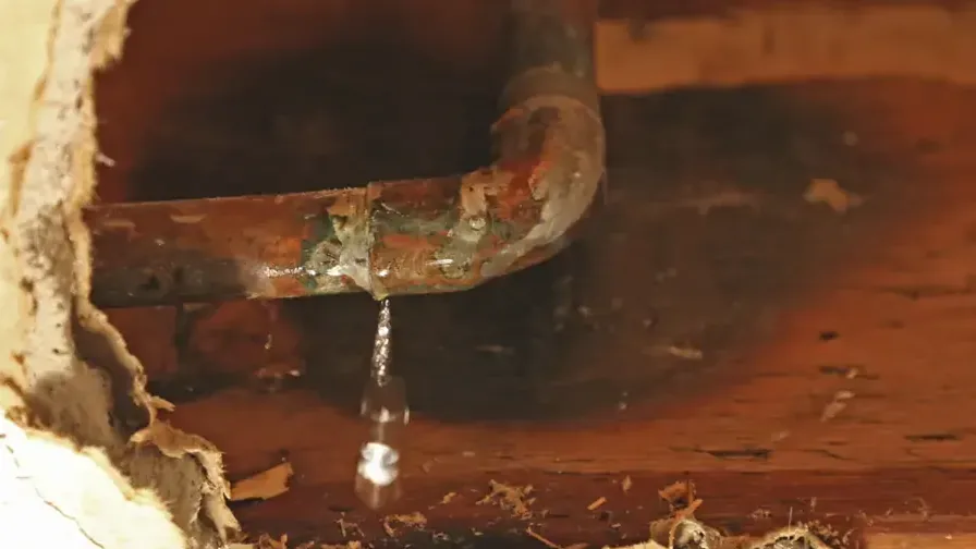 A copper pipe dripping water inside an opened wall cavity
