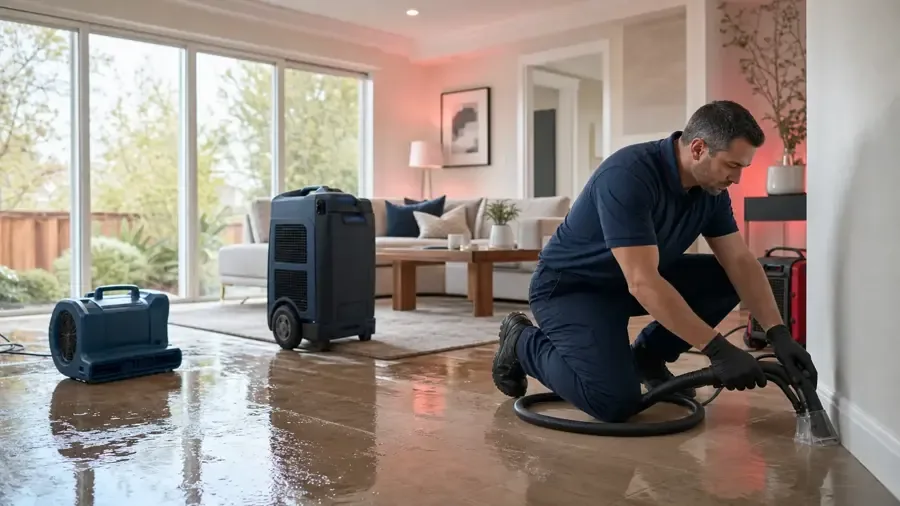 A restoration technician extracting water beside an air mover and dehumidifier in a living room
