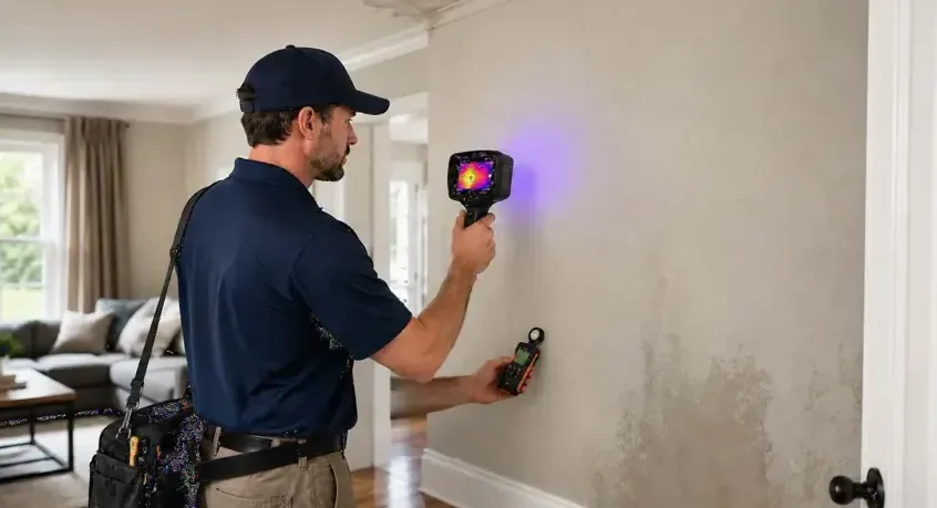 A technician checking a stained wall with a thermal camera and a moisture meter