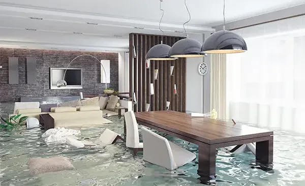 Floodwater across a living and dining room, storm damage that Audubon homes can face