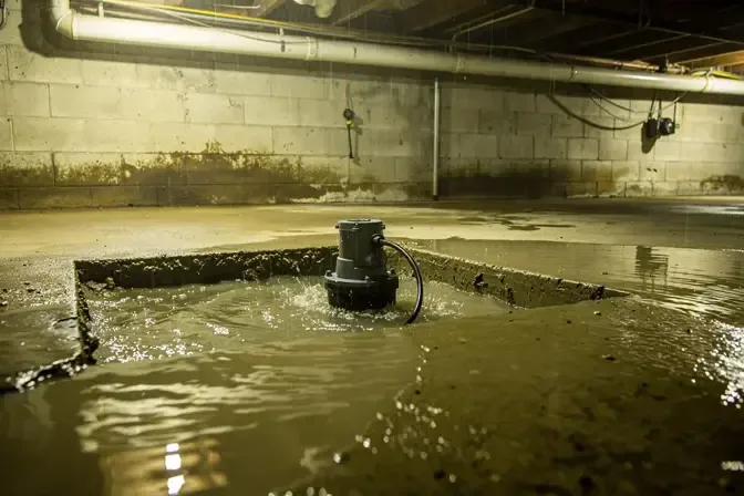 Water from an overflowing sump pit covering an unfinished basement floor