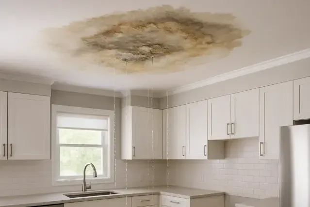 A leak-damaged ceiling inside a home
