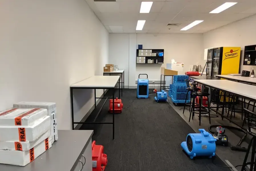 Air movers and dehumidifiers drying wet carpet in an office