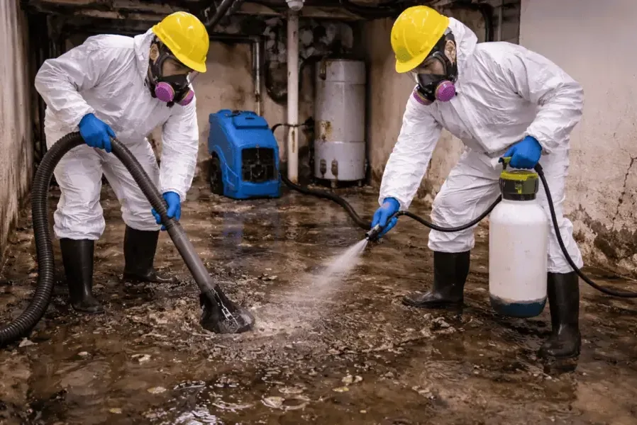 Workers in protective suits extracting and disinfecting a sewage backup in a basement