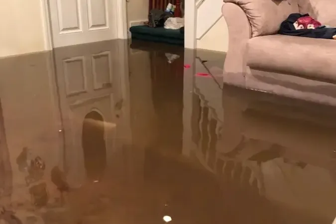 Storm water pooled in a front hall at the bottom of the stairs