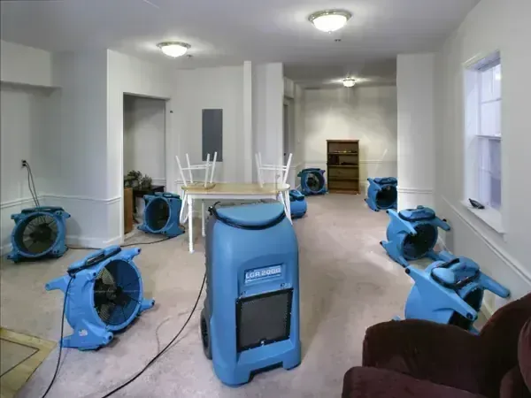 Air movers and an LGR dehumidifier drying an open room toward the S500 goal