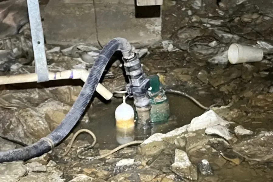 A sump pump and its discharge hose sitting in a pit full of water