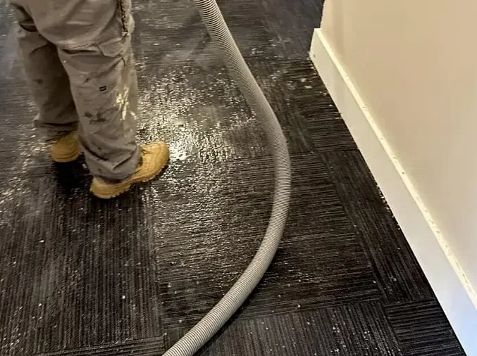 An extraction hose pulling standing water off wet carpet during a cleanup