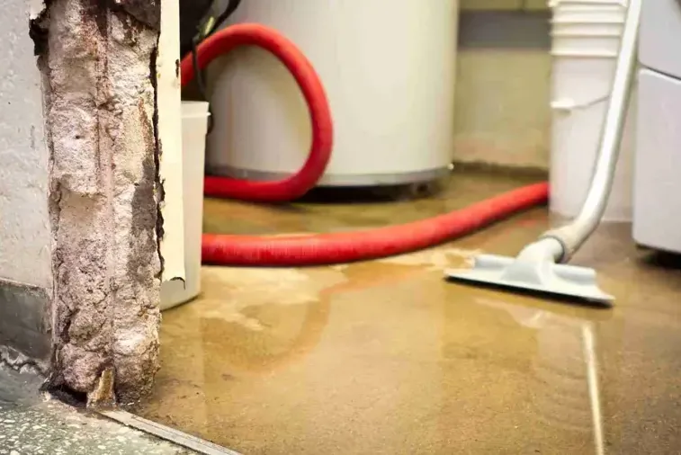 An extraction wand pulling water off the floor next to a failed water heater